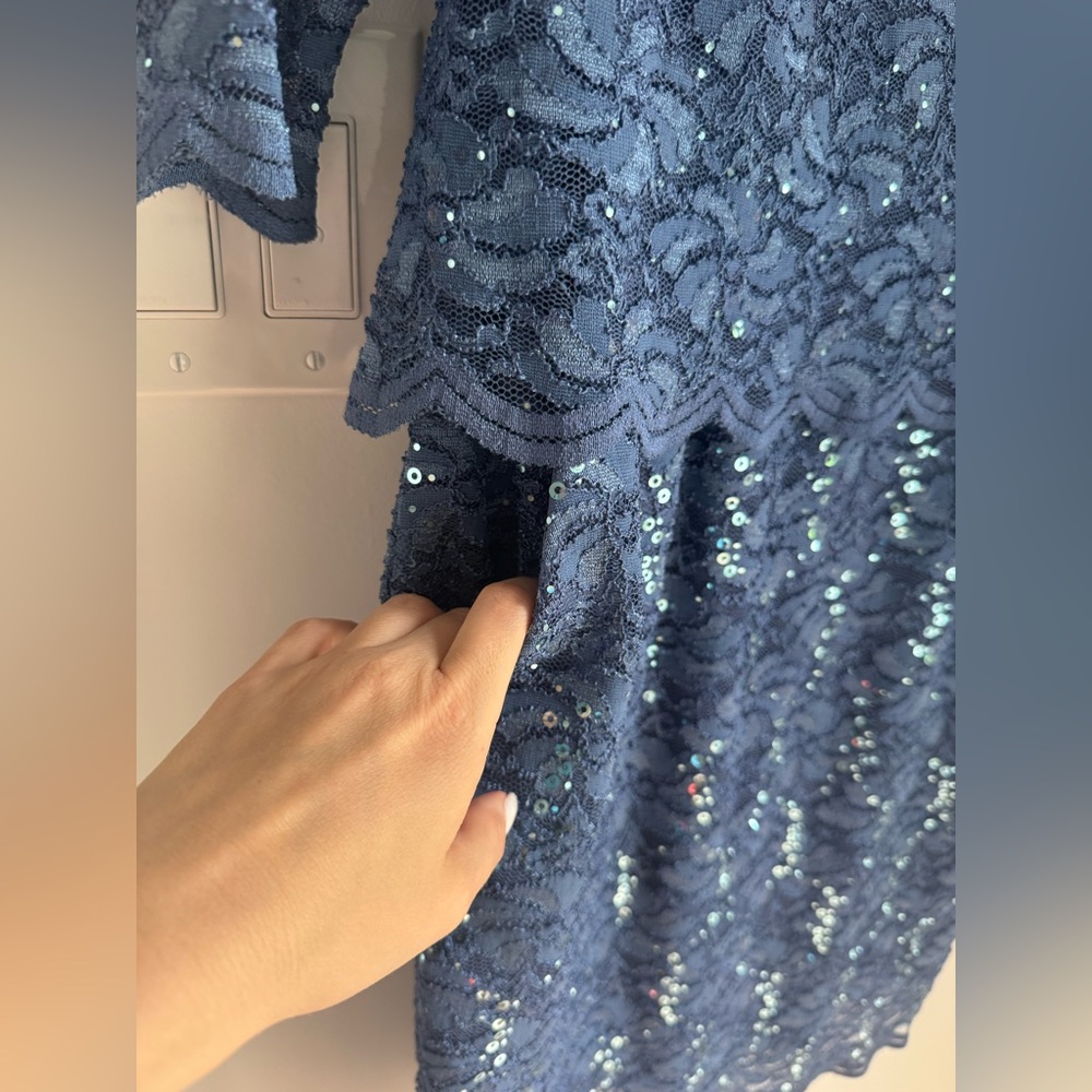 ALEX EVENINGS Periwinkle Sequin Scalloped Lace 3/4 Sleeve Mock Dress 6 US - Picture 8 of 14